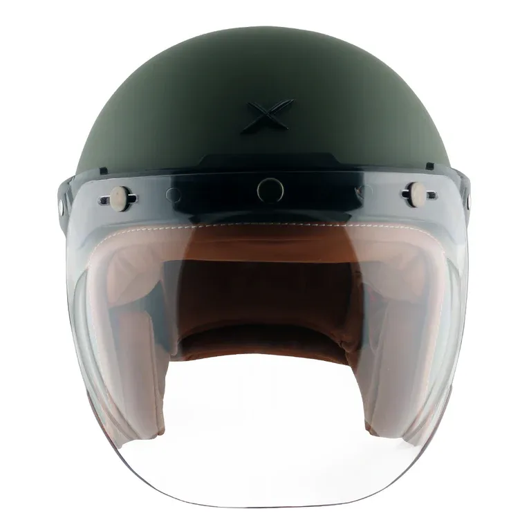 AXOR Retro Jet Leather Dull Battle Green Half Face Helmet