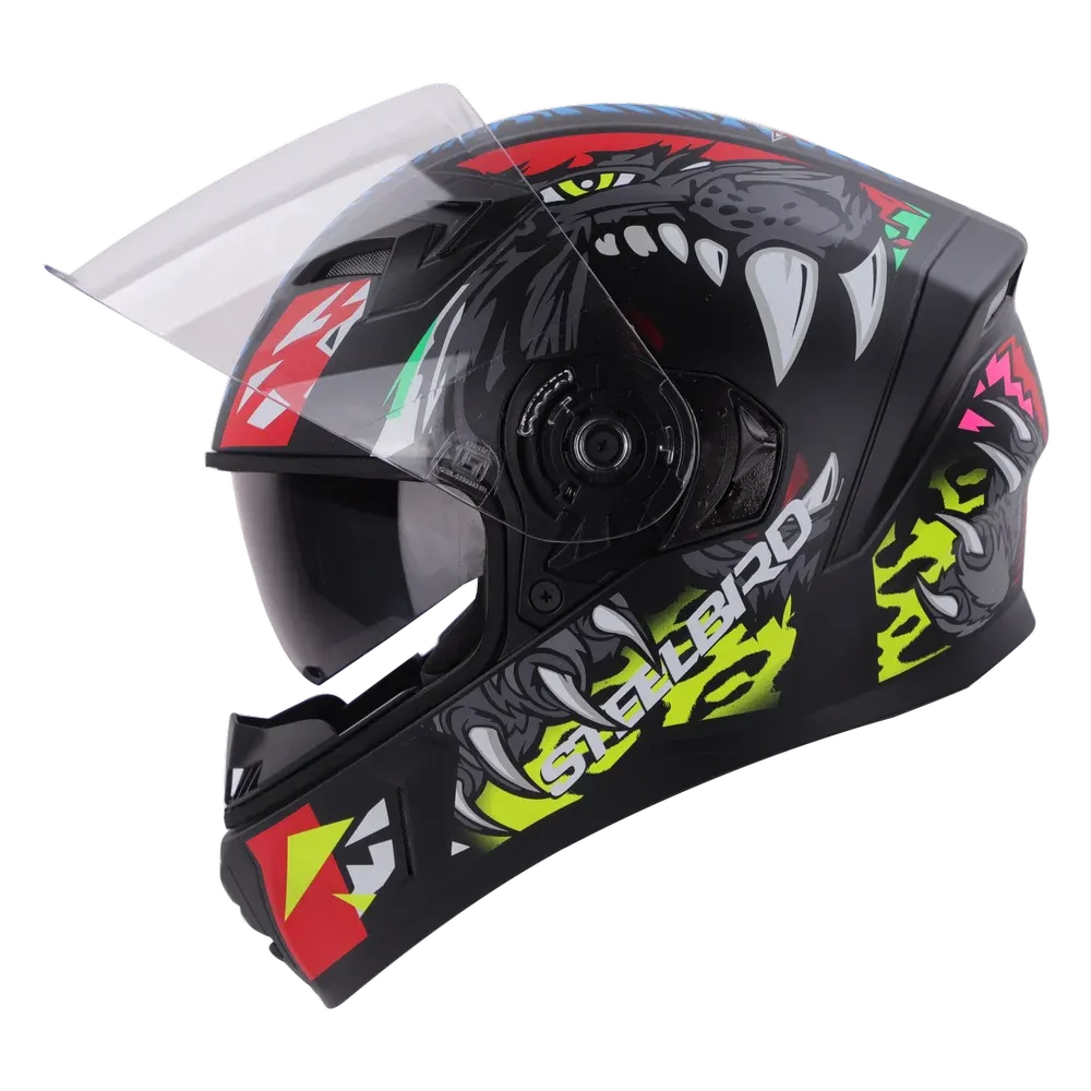 STEELBIRD Sba 21 Iss Pantha Glossy Black Red Neon Full Face Helmet