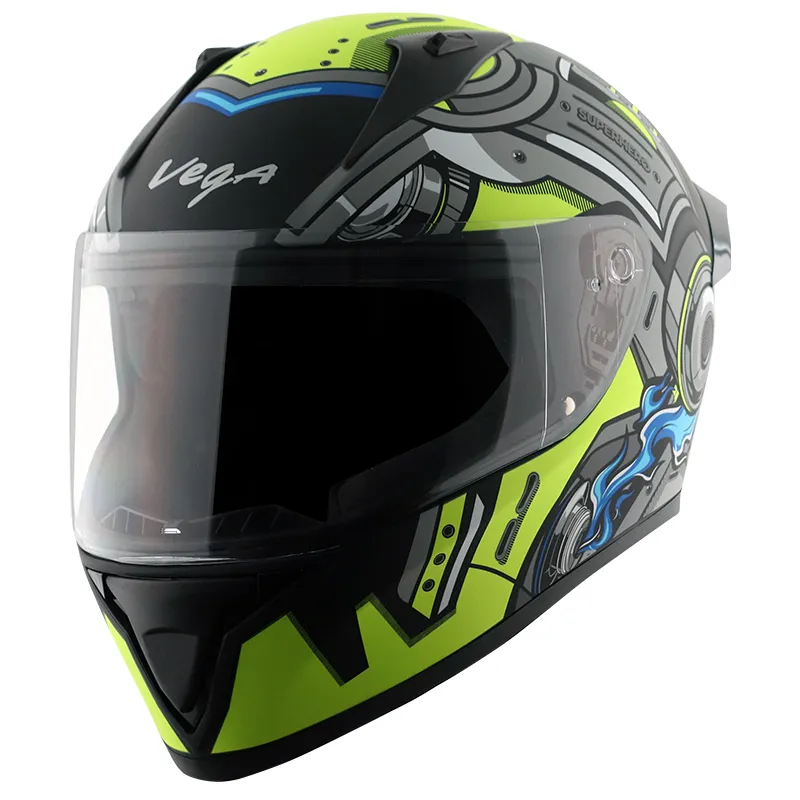 VEGA Bolt Superhero Dull Black Neon Yellow Full Face Helmet