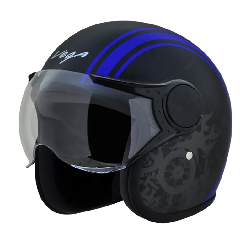 VEGA Jet Old School Dull Black Blue Half Face Helmet
