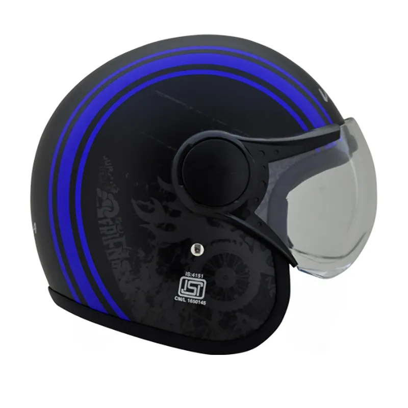 VEGA Jet Old School Dull Black Blue Half Face Helmet