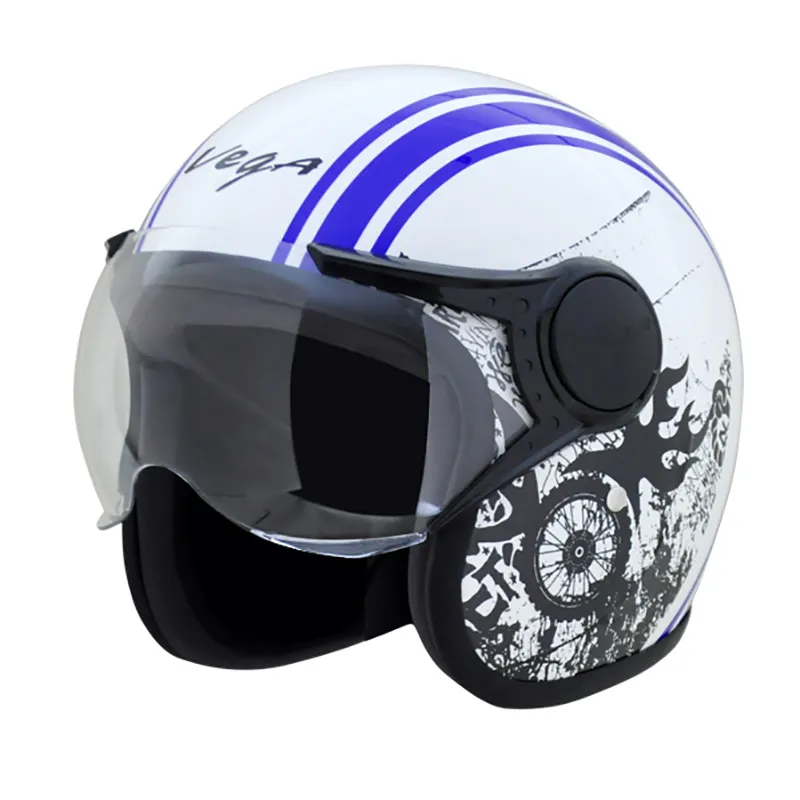 VEGA Jet Old School White Blue Half Face Helmet
